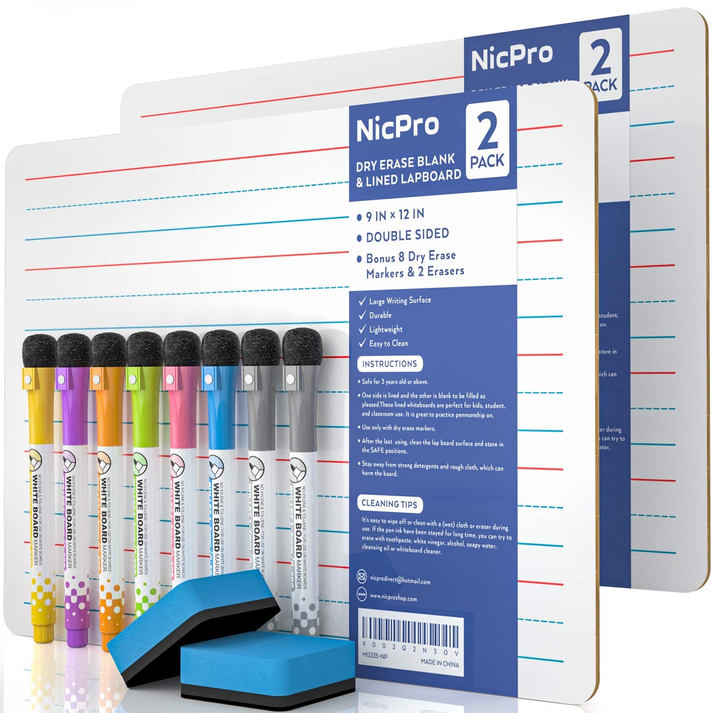 Hot Nicpro Dry Erase Lap Board 9 x 12 inches 2 Pack Ruled Kid Double Sided Blank & Lined Small Lapboard with 8 Pens, 2 Eraser, Learning Mini Whiteboard Portable for Student and Classroom Use