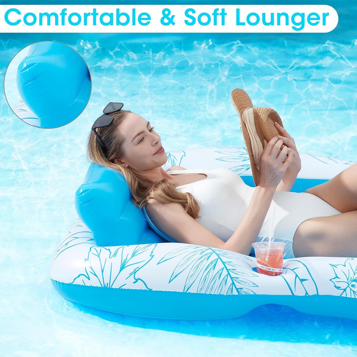 Hot Inflatable Adult Pool Lounger Float - BAIAI Large Beach Sun Tanning Floats Raft Sunbathing Water Lounge Floaties Tub with Drink Holder - Blow Up River & Lake Suntan Floating Swimming Mattress Mat