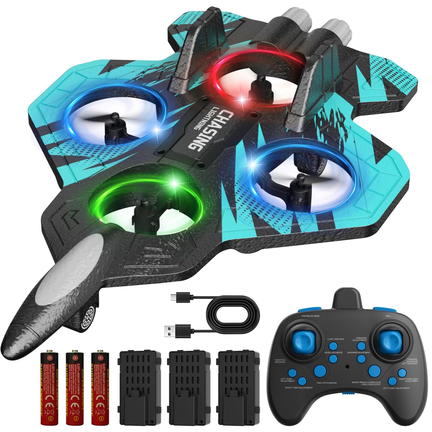Hot Foam RC Airplane with Cool Led Light, 360° Flip and Headless Mode, Remote Control Airplane RC Plane for Kids Adults Aged 6+, RC Flying Toy for Kids, Birthday Gift - Black Blue
