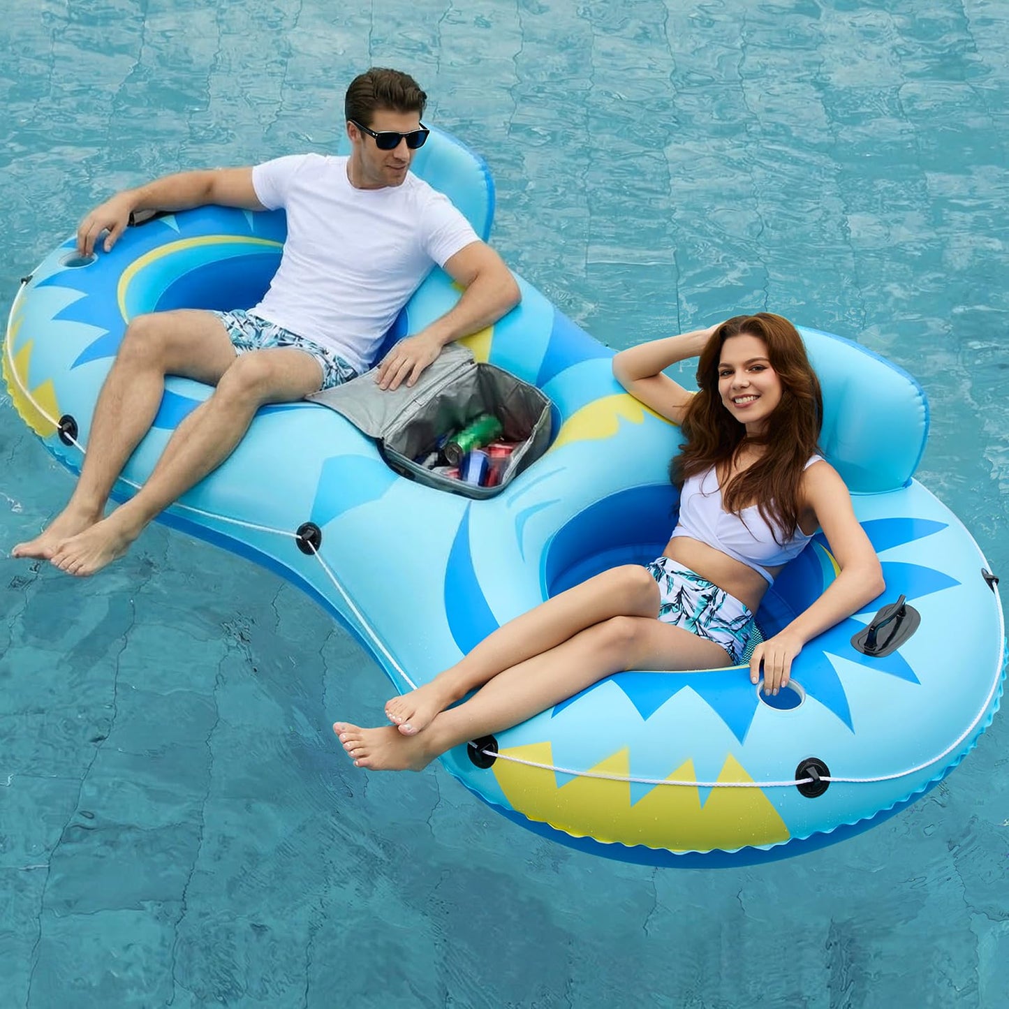 Hot Jasonwell Heavy Duty 2 Person Inflatable River/Pool Tube Float with Removable Cooler, Tubes for Lake, Floating River Raft Lounge Floatie with 2 cup Holders For Adults, Cyan