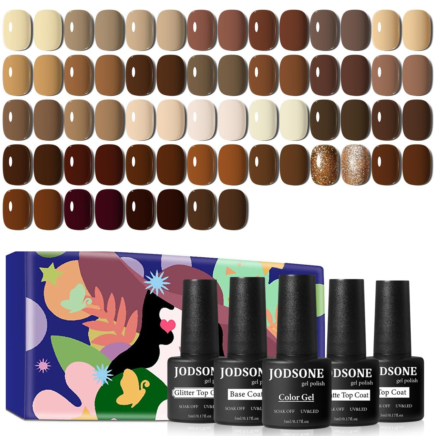 HotJODSONE Gel Nail Polish Kit 60 PCS with U V Light Soak off Base Top Coat 55 Shine Colors Gel Nail Kit Bright and Dark Brown Wine Red Series Manicure Set for Women and Girls