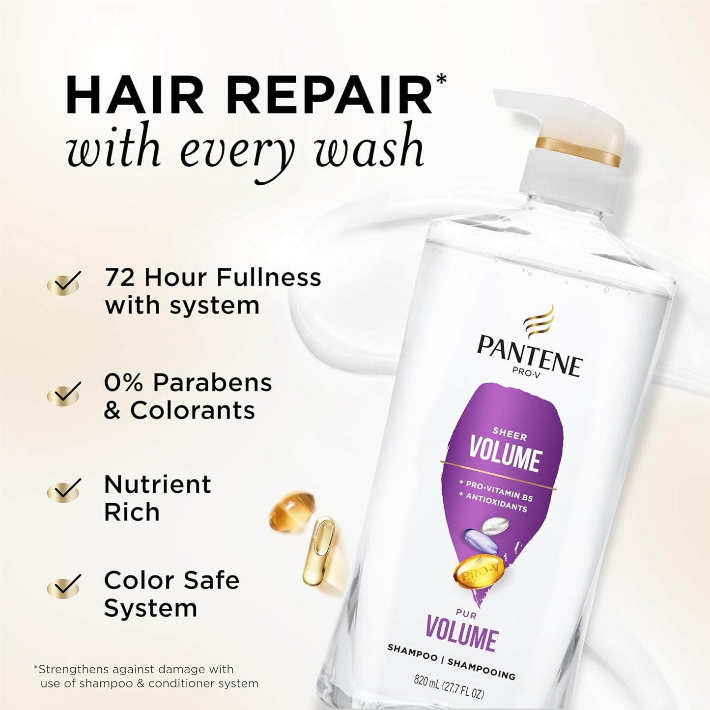HotPantene Shampoo, Sheer Volume - Lightweight Nourishment for Fine, Color-Treated Hair, 72-Hour Fullness and Body, 27.7 Oz Each, 2-Pack + Miracle Rescue Shot (0.5 Oz)