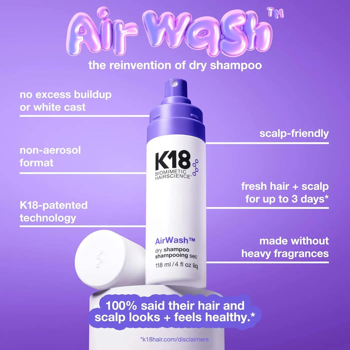 HotK18 AirWash™ Dry Shampoo, Non-Aerosol, Balances Scalp & Controls Excess Oil Production