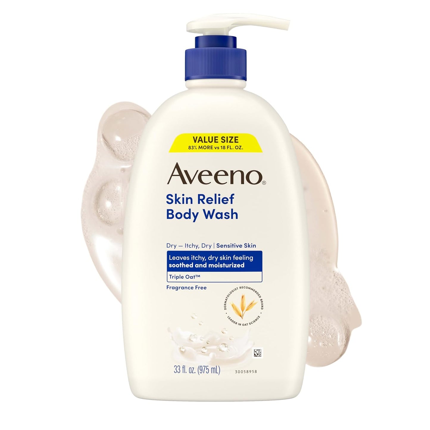 HotAveeno Skin Relief Body Wash with Triple Oat Complex, Fragrance-Free, Gentle Daily Body Wash for Sensitive Skin Leaves Itchy, Dry Skin Feeling Soothed & Moisturized, Value Size 33 Fl Oz