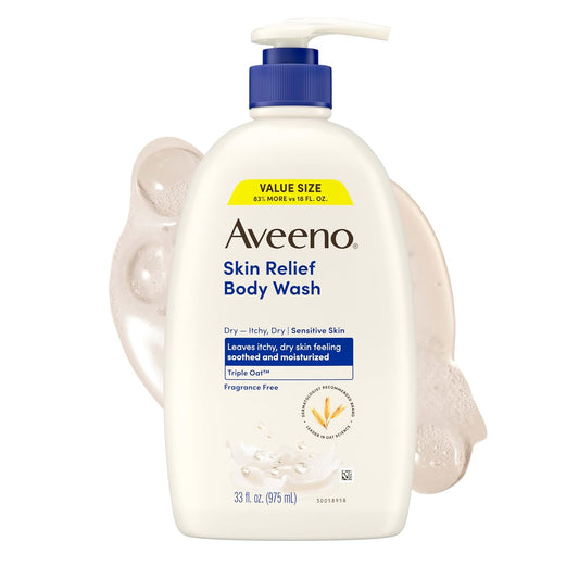 HotAveeno Skin Relief Body Wash with Triple Oat Complex, Fragrance-Free, Gentle Daily Body Wash for Sensitive Skin Leaves Itchy, Dry Skin Feeling Soothed & Moisturized, Value Size 33 Fl Oz
