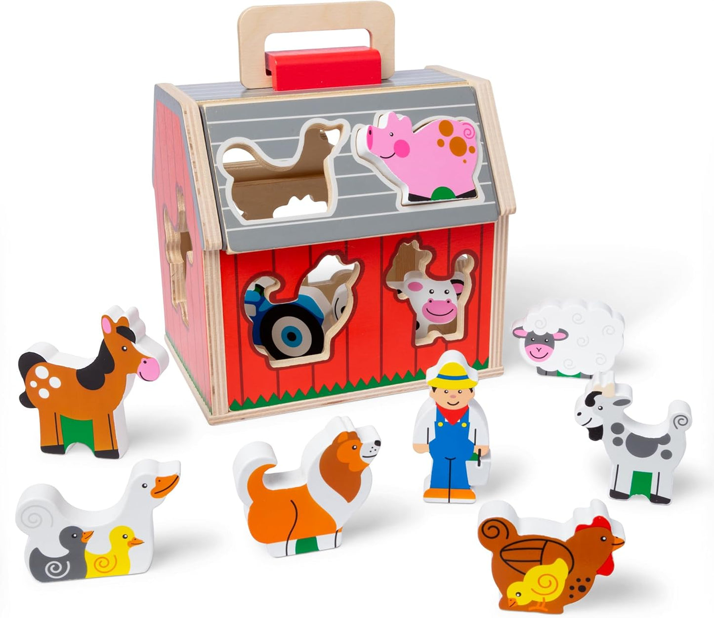 HotMelissa & Doug Take-Along Wooden Toy Barn, 11-Pc Portable Toddler Playset with Farm Animals & Pop-Up Roof, Preschool Learning Toys for Girls & Boys 2+