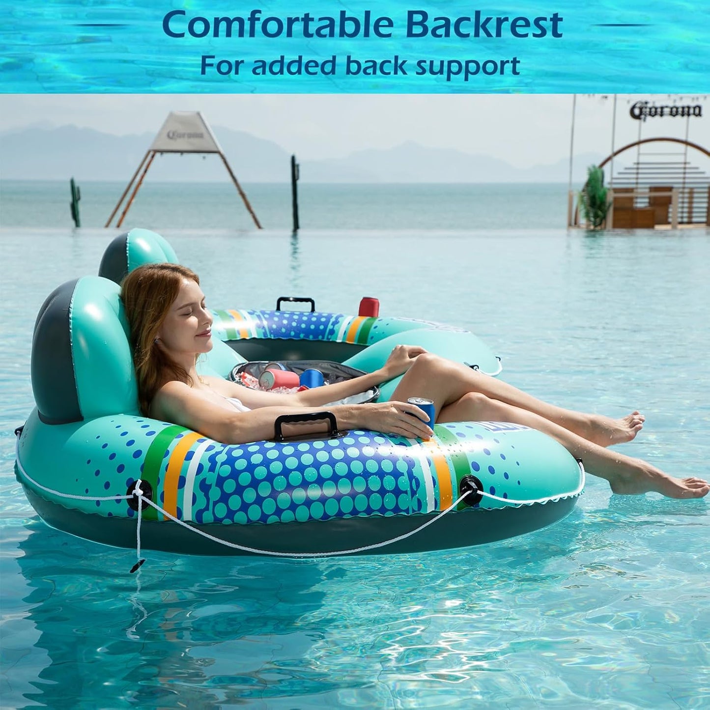 Hot Jasonwell Heavy Duty 2 Person Inflatable River/Pool Tube Float with Removable Cooler, Tubes for Lake, Floating River Raft Lounge Floatie with 2 cup Holders For Adults, Cyan