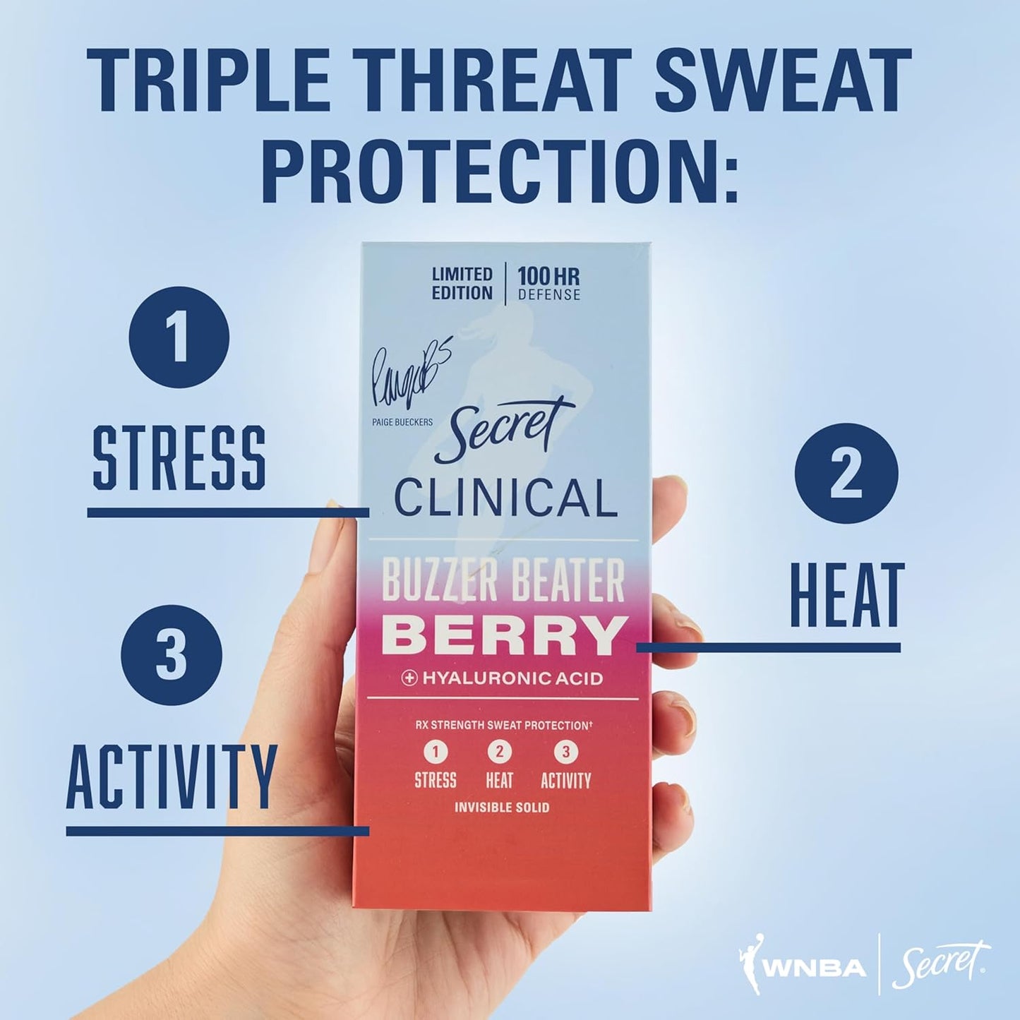 HotSecret Clinical Strength 100HR Defense, Invisible Solid Antiperspirant Deodorant for Women, Paige Bueckers Edition, Triple Threat Sweat Protection, Hyaluronic Acid, Buzzer Beater Berry Scent, 2.6 oz