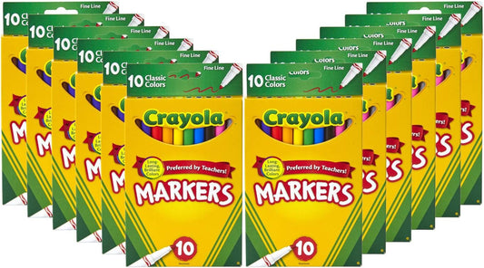 HotCrayola Fine Line Markers for Kids (12 Boxes), Bulk Coloring Markers for School, 10 Assorted Colors, Essential Teacher Classroom Supplies, Ages 3, 4, 5