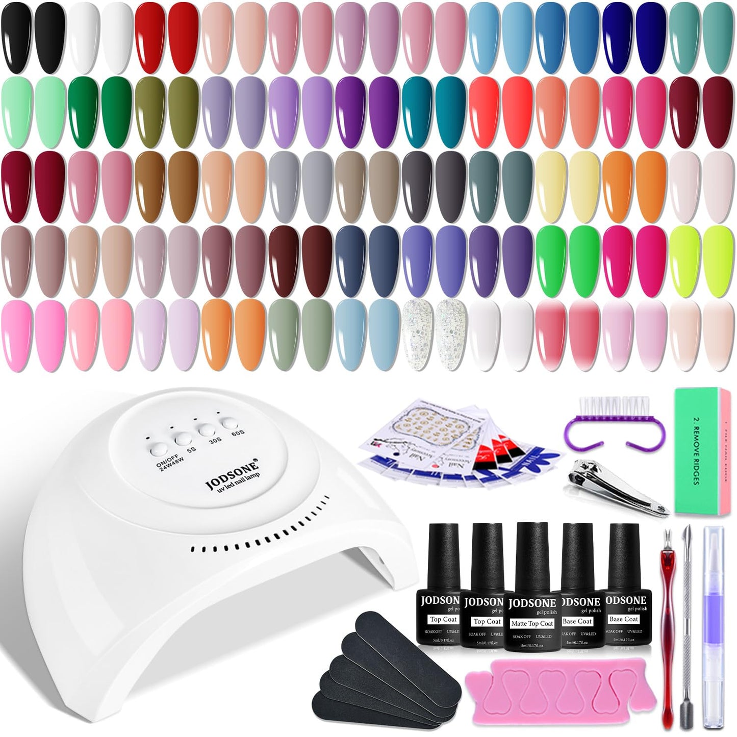 HotJODSONE Gel Nail Polish Kit 60 PCS with U V Light Soak off Base Top Coat 55 Shine Colors Gel Nail Kit Bright and Dark Brown Wine Red Series Manicure Set for Women and Girls