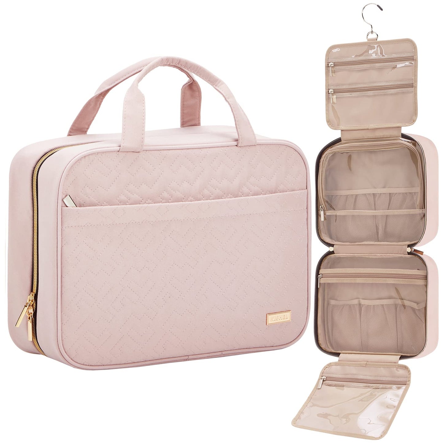 HotNISHEL Travel Toiletry Bag for women, Portable Hanging Organizer for Travel-Sized Shampoo, Conditioner, Brushes Set, makeup Accessories, Medium Size, Pink