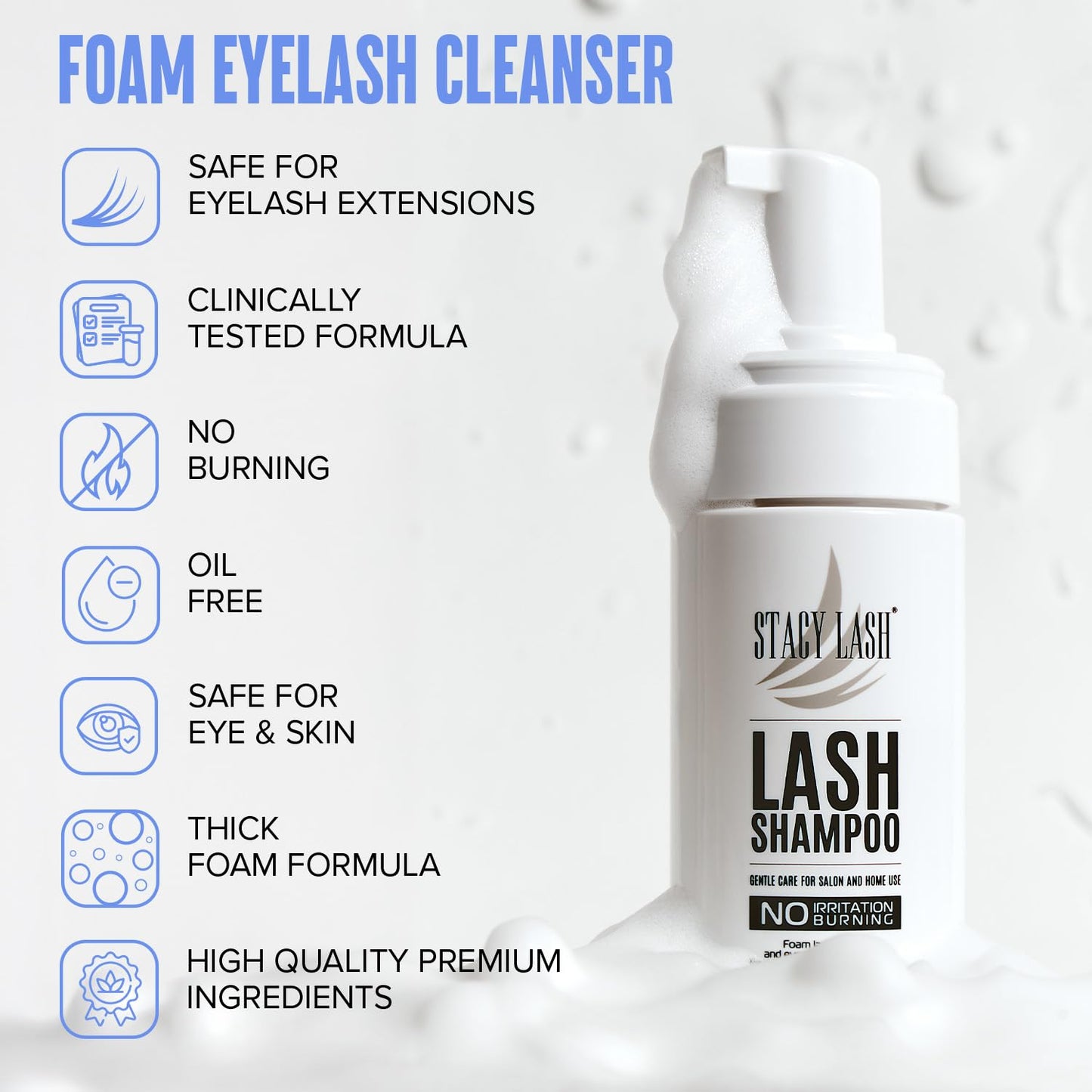 HotSTACY LASH Eyelash Extension Shampoo + Brush / 1.69 fl.oz / 50ml / Korean Makeup Remover/Eyelid Foaming Cleanser/Wash for Extensions & Natural Lashes/Supplies for Professional & Home Use