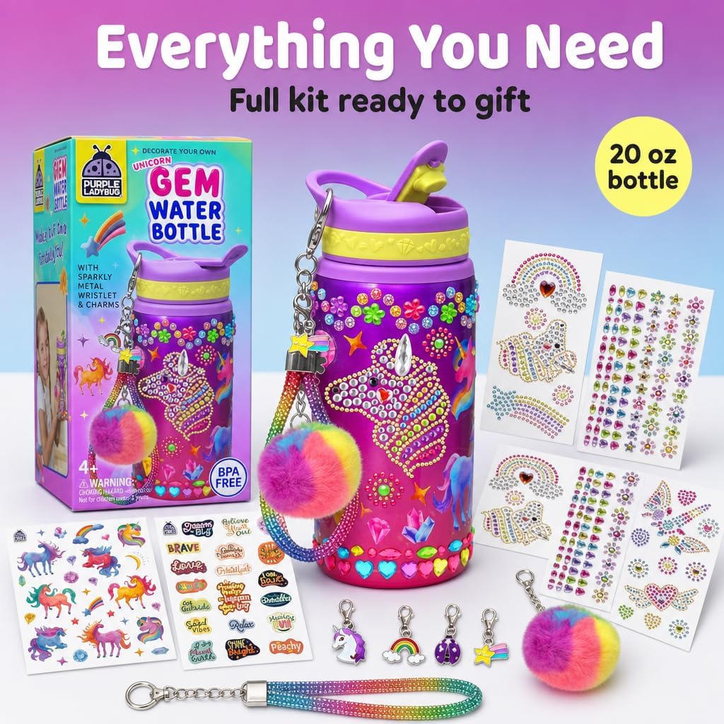 Hot PURPLE LADYBUG Decorate Your Own Water Bottle Kit for Girls - Gift for Girls Ages 5 6 7 8 9 10 Year Old Girl Birthday Gift, Unicorn Toys Crafts Kids Ages 6-12 Summer Crafts for Kids