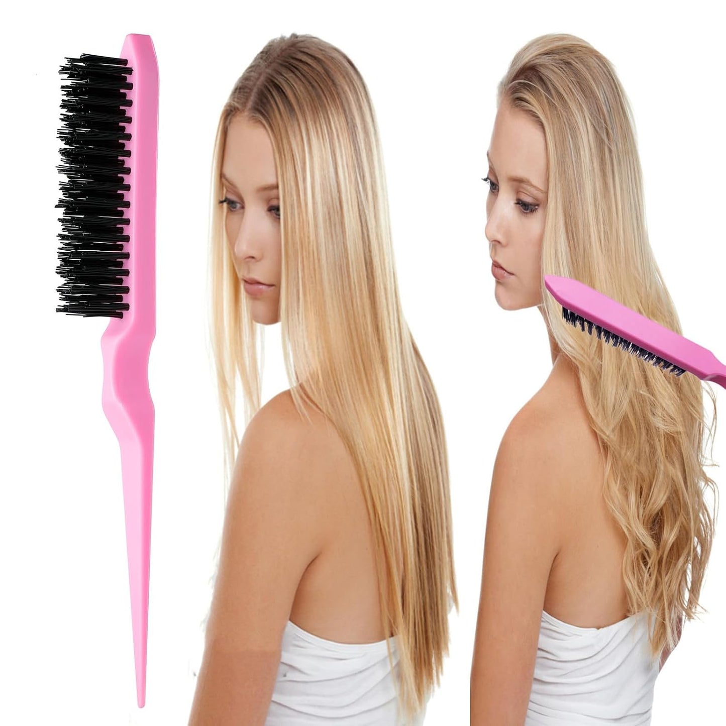 HotZVOREI 8Pcs Hair Brushes Set with 4Pcs Topsy Hair Tail Tools 1Pcs Bristle Teasing Hair Brush 1Pcs Edge Control Brush 2Pcs Metal Pin Rat Tail Combs for Woman Girl Hair Styling,Edge&Back Brushing,Pink
