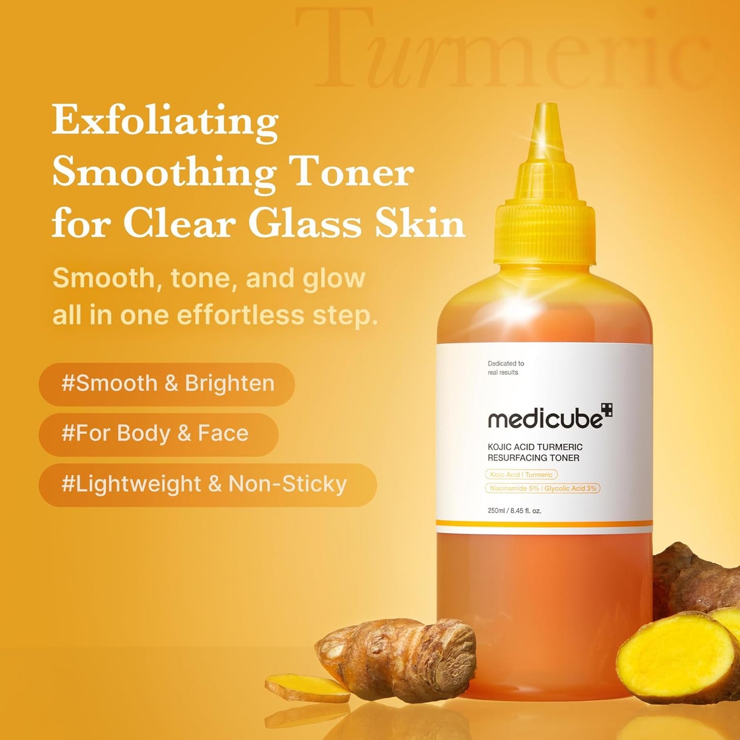 Hotmedicube Kojic Acid Turmeric Smoothing Toner for Face & Body | Lightweight Toner for Balancing Uneven Skin Tone & Texture | Niacinamide, Glycolic Acid for Clear Glass Skin | 8.45 fl.oz