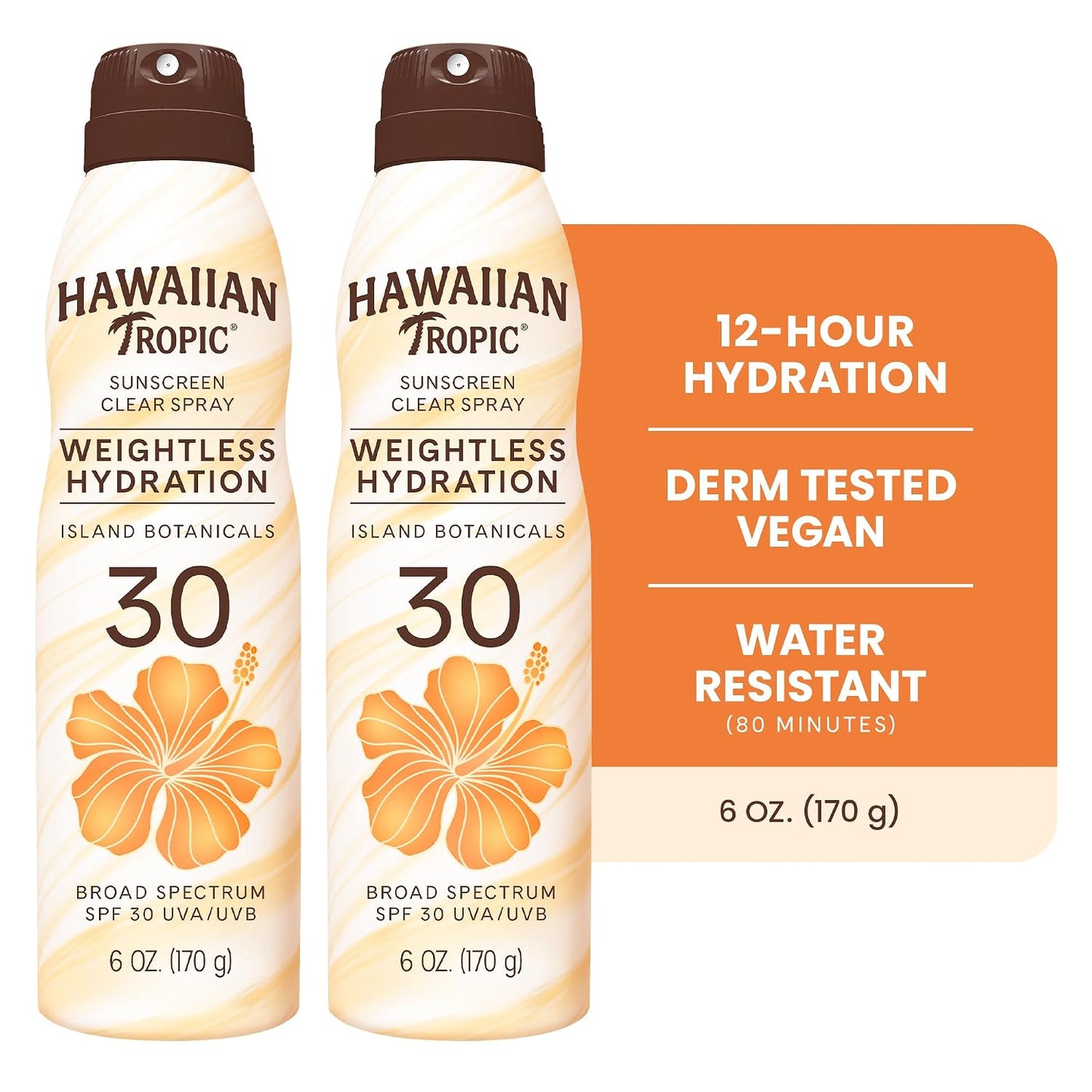 HotHawaiian Tropic Weightless Hydration Clear Spray Sunscreen SPF 30, 6 oz | SPF 30 Sunscreen Spray, Sunblock, Oxybenzone Free, 6 oz each Twin Pack