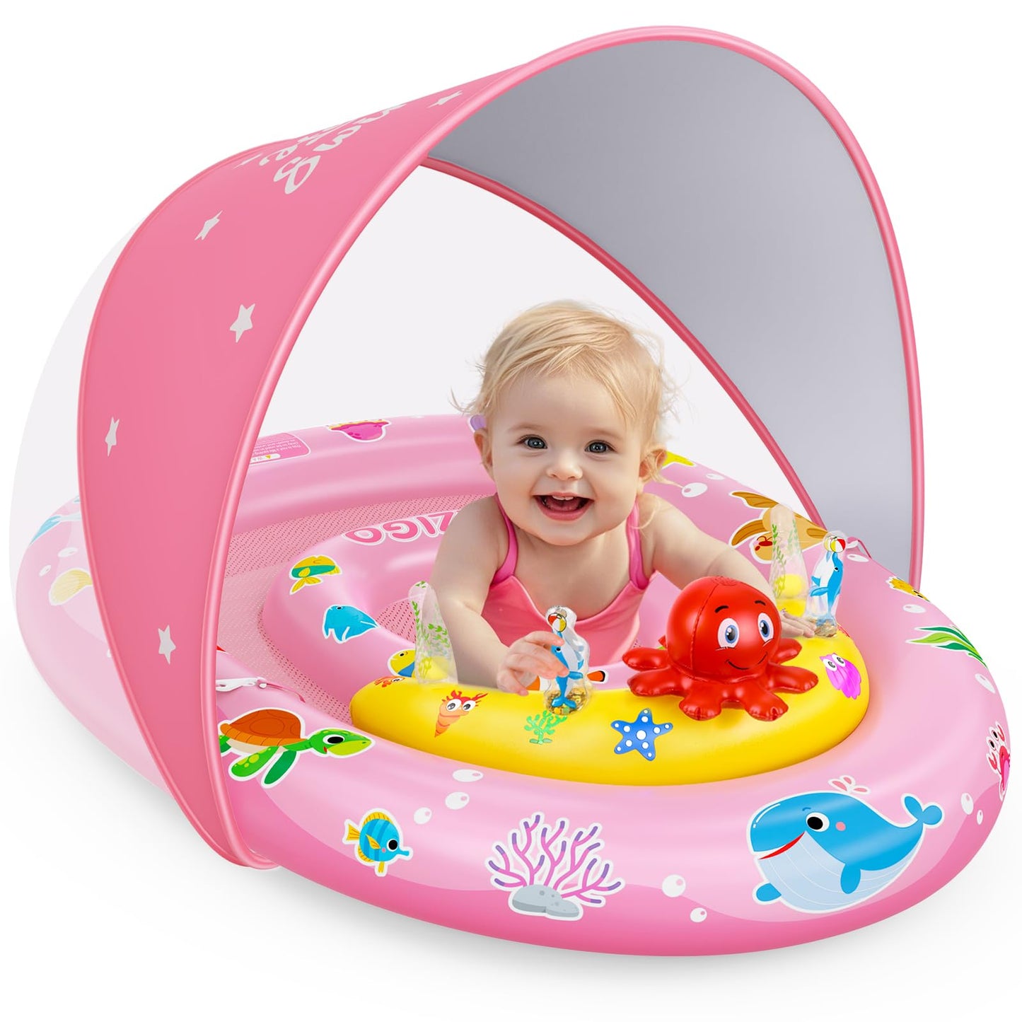 HotEZIGO Baby Pool Float with Canopy UPF50+ Sun Protection, Inflatable Kids Pool Floats with Ocean Animal Toys for Baby 6-36 Months, Infant Swimming Float with Adjustable Safety Seat for Boys Girls