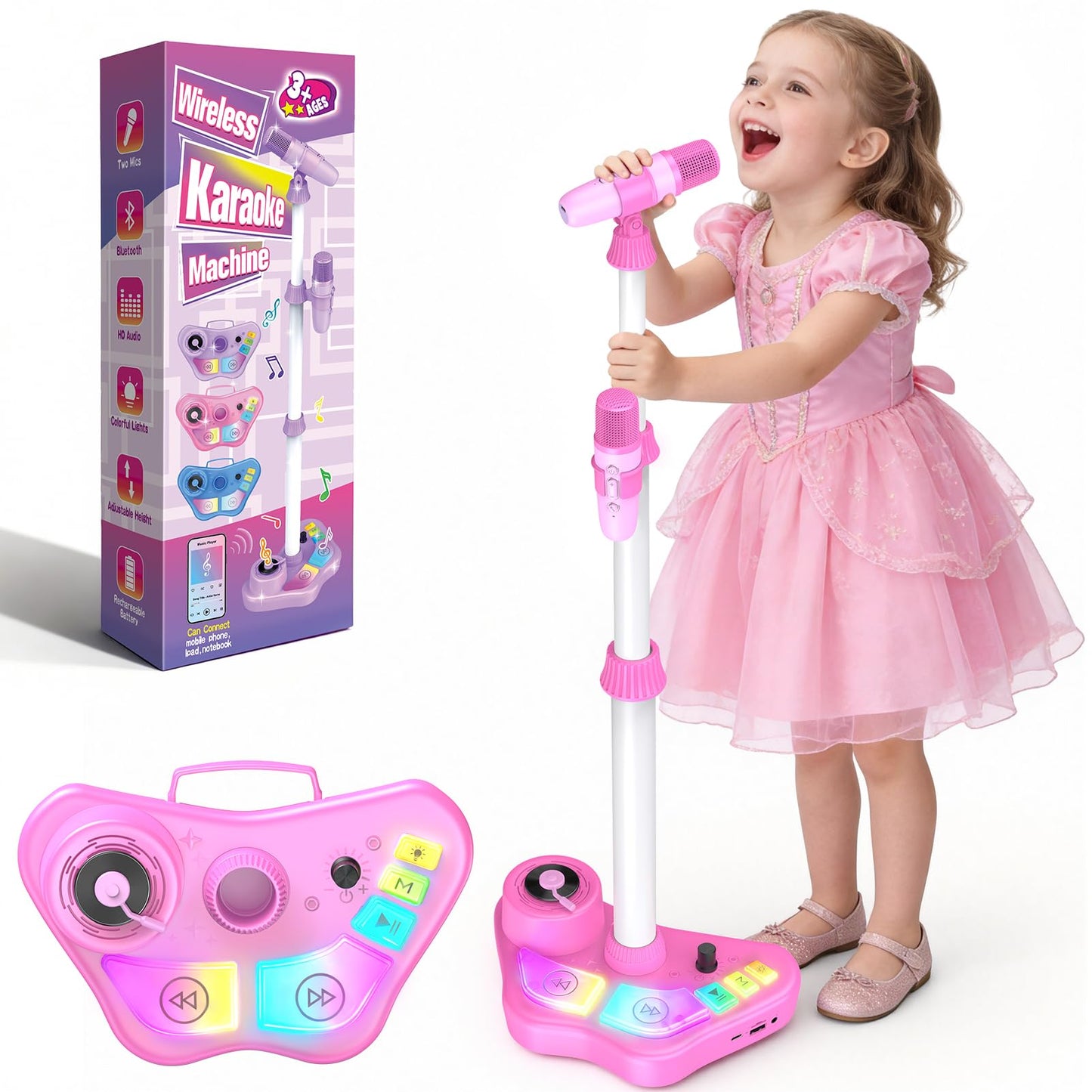 Hot Stand Karaoke Machine for Kids, Singing Toys Gifts for 3 4 5 6 7 8 Year Old Girls Boys, Rechargeable Kid Microphone Bluetooth Speaker with 2 Wireless Mic for Girl Age 4-6 Toddler Birthday Party Toy