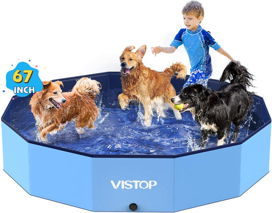Hot VISTOP Extra Large Foldable Dog Pool XXL, Hard Plastic Shell Portable Swimming Pool for Dogs Cats and Kids Pet Puppy Bathing Tub Collapsible Kiddie Pool (67inch.D x 11.8inch.H, Blue)