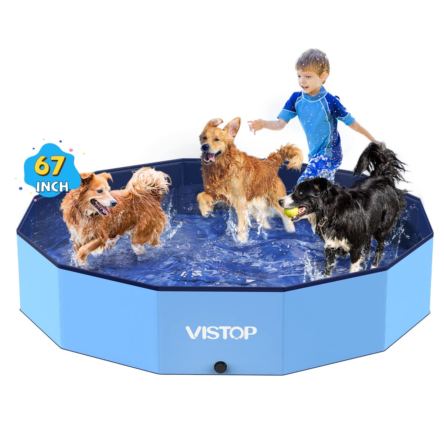 Hot VISTOP Extra Large Foldable Dog Pool XXL, Hard Plastic Shell Portable Swimming Pool for Dogs Cats and Kids Pet Puppy Bathing Tub Collapsible Kiddie Pool (67inch.D x 11.8inch.H, Blue)