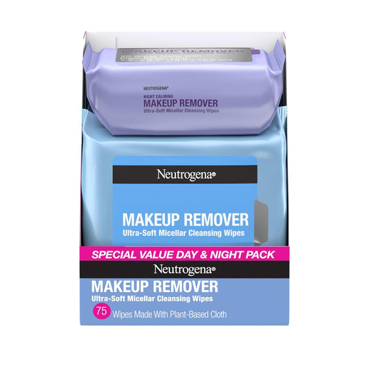 HotNeutrogena Day & Night Facial Cleansing Wipes, Makeup Remover Face Cleansing Towelettes & Night Calming Facial Cloths, 100% Plant Based Fibers Wipe Away Dirt & Oil, (3 Packs of 25)