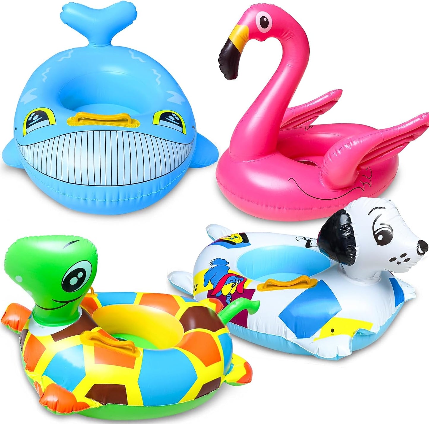 Hot 4 Pack Inflatable Pool Floats for Toddler Age 3-7 Animal Swim Tube Rings for Kids Infant Baby Ride on Beach Floaties with Safety Seat&Handle for Summer Lake Pool (Flamingo, Turtle, Whale, Dalmatian)