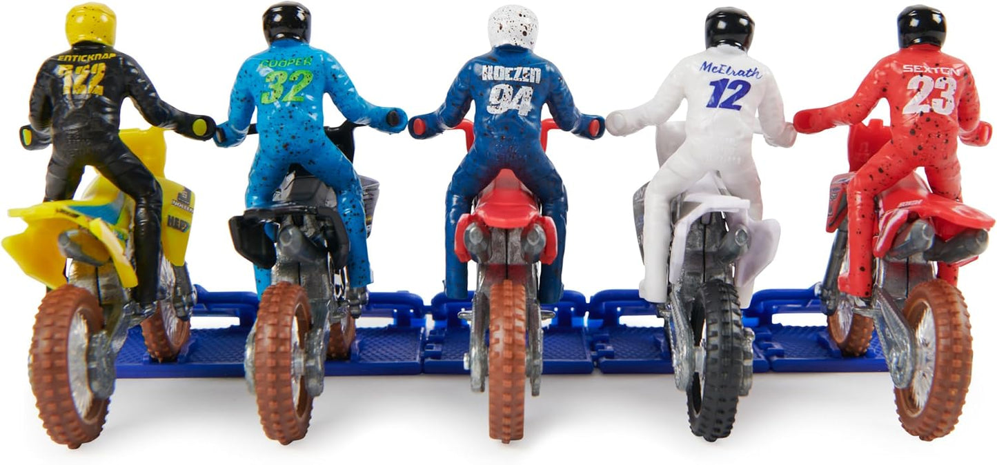 Hot Supercross, Authentic 5-Pack of 1:24 Scale Die-Cast Motorcycles with Rider Figure, Toy Moto Bike for Kids and Collectors Ages 3 and up