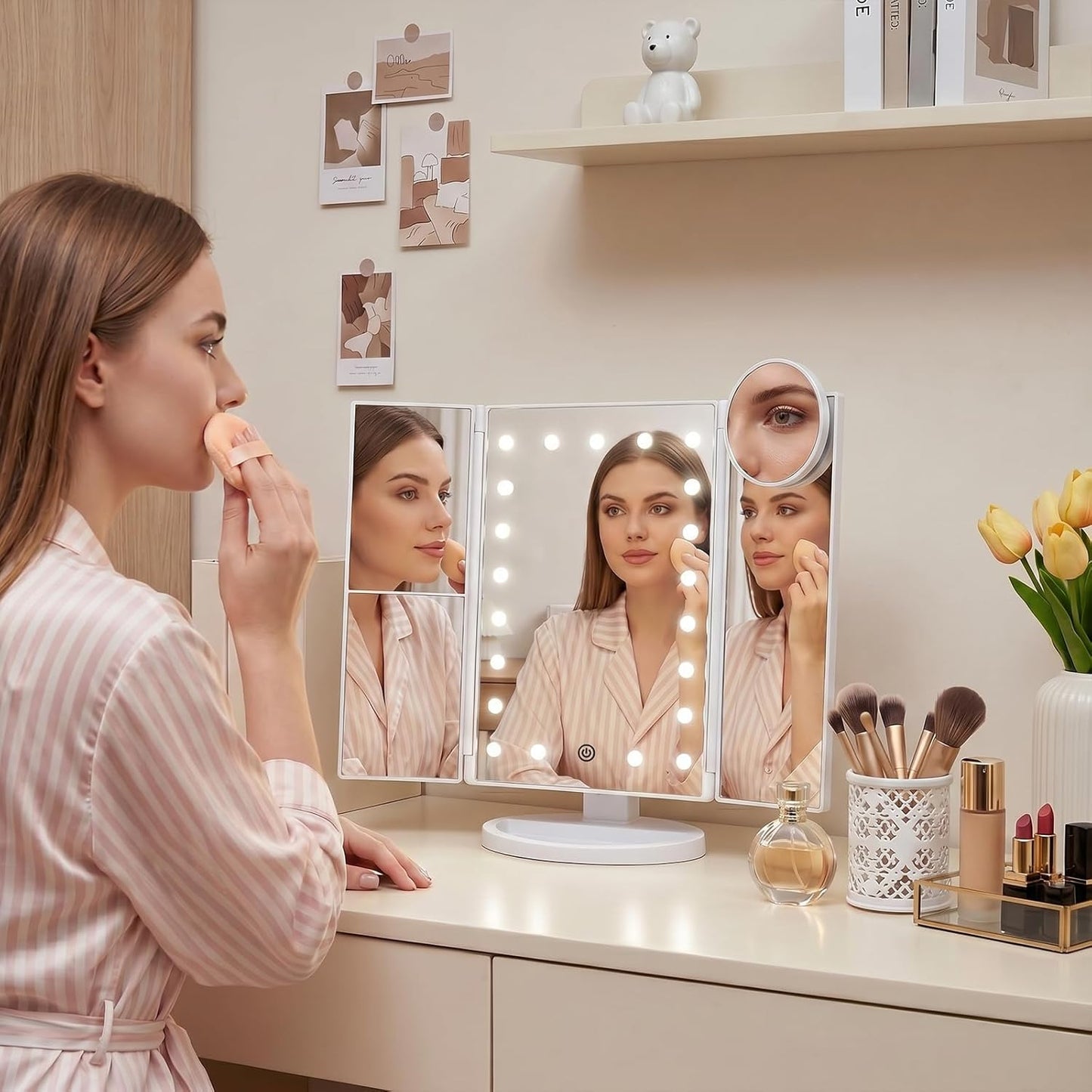 HotHUONUL Makeup Mirror, Vanity Mirror with Lights, 2X/3X/10X Magnification, Touch Control, Trifold, Dual Power Supply, Birthday Gifts for Women, Wife, Mom, Girls,Dorm Room Essentials