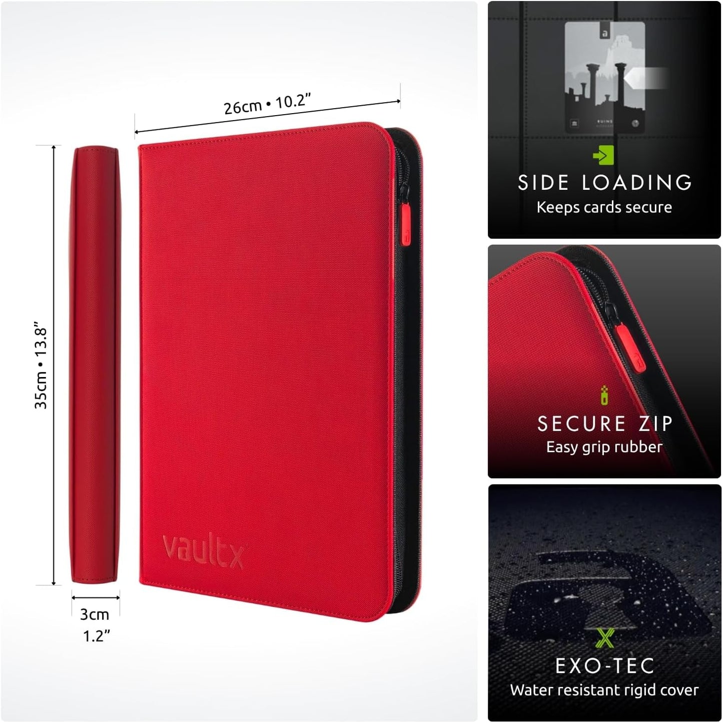Hot Vault X 9 Pocket Zip Trading Card Binder 360 Cards Exo-Tec (Red) | Holds 360 standard-size TCG cards in 20 side-loading 9-pocket pages. Padded, water-resistant Exo-Tec cover.