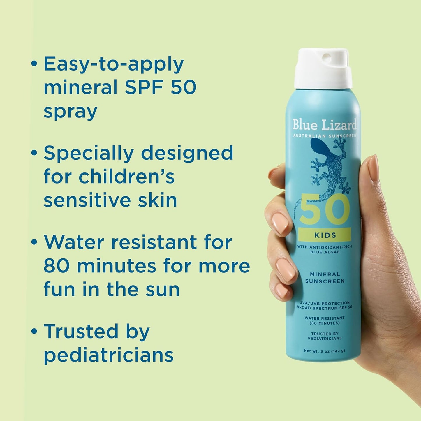 HotBlue Lizard Kids Mineral Sunscreen Spray SPF 50+, Brand, Broad-Spectrum UVA/UVB Protection, Water-Resistant, Zinc Oxide Formula, 5 fl oz
