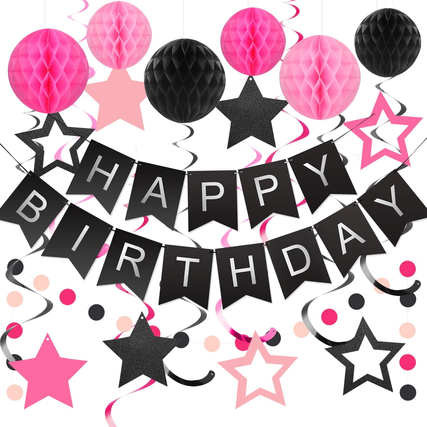 Hotmeowtastic Birthday Decorations Happy Birthday Banner with Honeycomb Balls | 16pcs Birthday Set: 1 Banner+6 Honeycomb Balls+8 Star Spirals+1 Circle Dots, Happy Birthday Decor - Blue