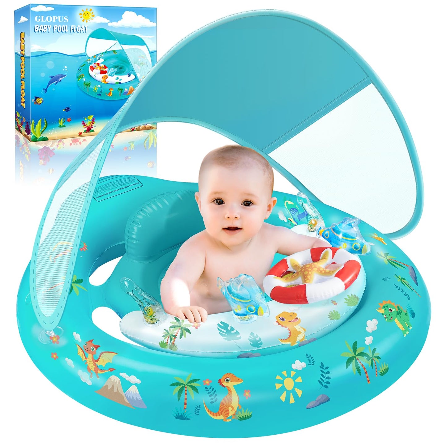 HotBaby Pool Float with Canopy UPF50+ Sun Protection, Inflatable Kids Pool Floats with Toy Play Console for Baby 6-36 Months, Infant Swimming Float with Adjustable Safety Seat for Boys Girls