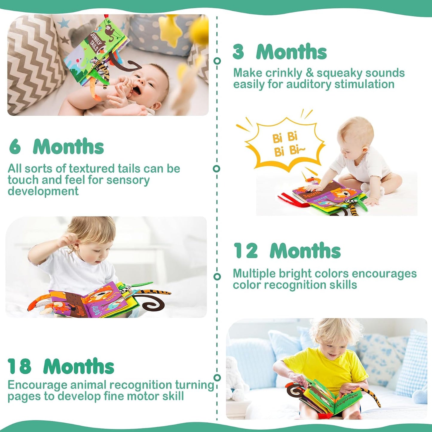 Hotbeiens Baby Books Toys, Touch and Feel Crinkle Cloth Book for Infant Baby 0-3-6-12-18 Months, Early Development Interactive Stroller Soft Toys, Newborn Gifts for Boys Girls