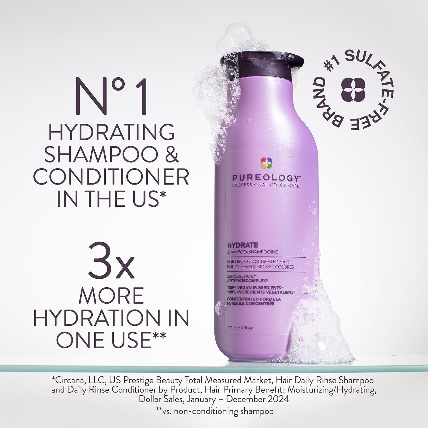 HotPureology Hydrate Shampoo - For Dry or Color Treated Hair, Moisturizing Shampoo For Hydration & Softness, With Rose Extract & Green Tea, Vegan & Sulfate-Free