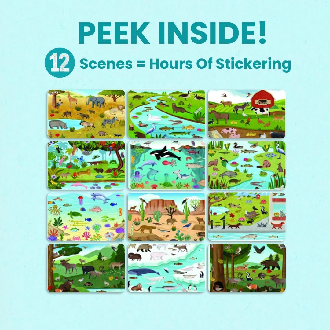 HotAnimals Habitat 500+ Kids Sticker Book by Cupkin Toddler Airplane Travel Activity Coloring and Sticker Book, Road Trip Essentials, 12 Coloring Pages + 12 Scenes for Ages 2–8 Years