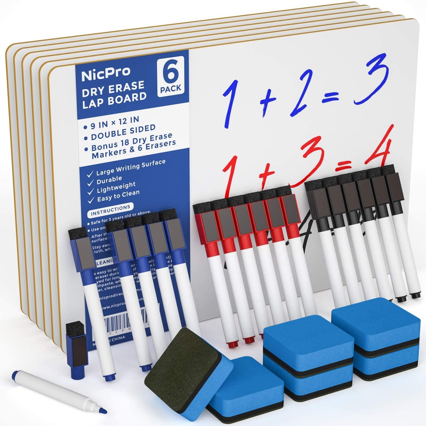 Hot Nicpro Dry Erase Lap Board 9 x 12 inches 2 Pack Ruled Kid Double Sided Blank & Lined Small Lapboard with 8 Pens, 2 Eraser, Learning Mini Whiteboard Portable for Student and Classroom Use
