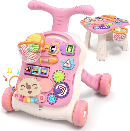 Hot QDRAGON 3 in 1 Baby Walker and Activity Center for Girl, Learning to Walk, Sit to Stand, Early Educational Push Toys with Music Panel for Infant Toddler 12+ Months Pink
