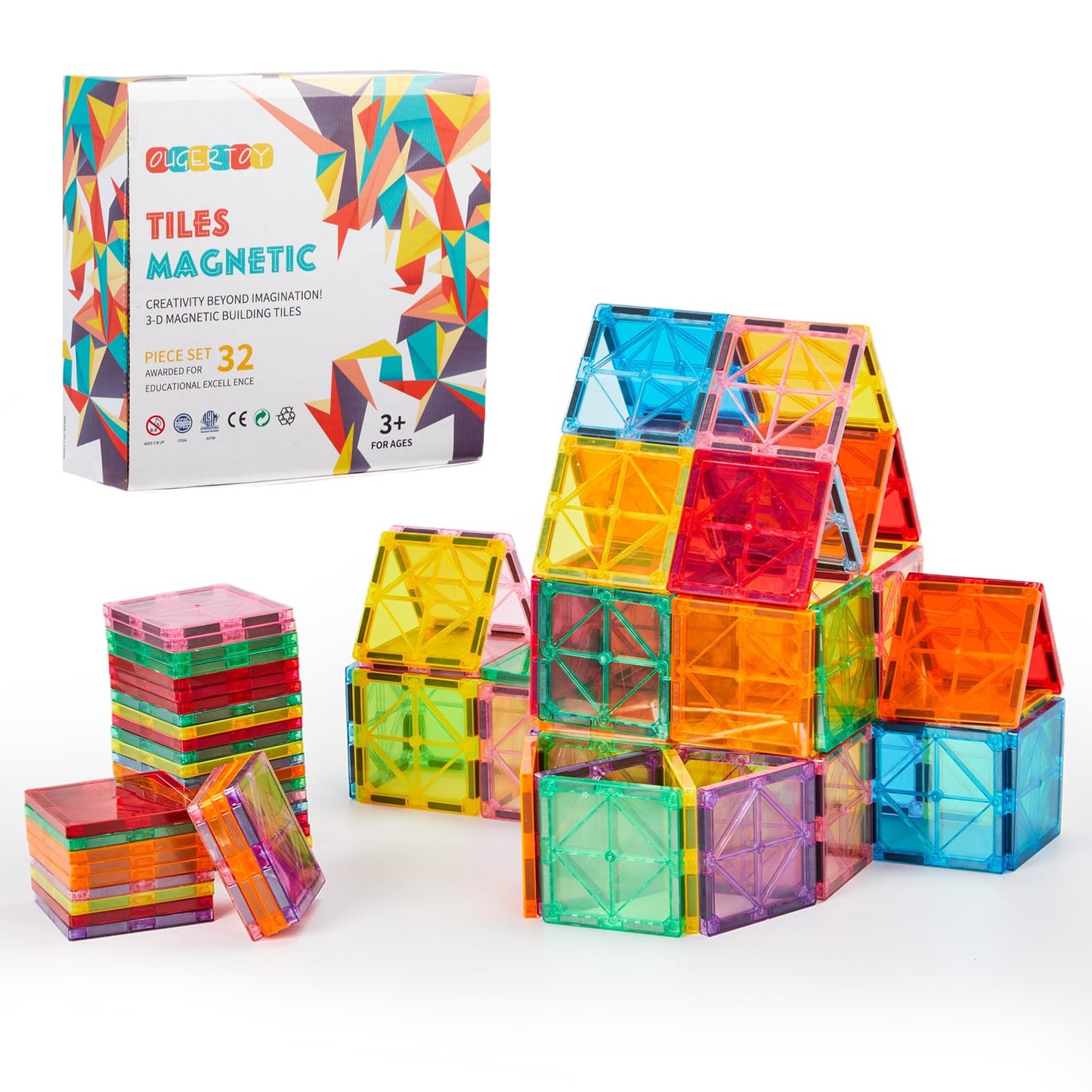 HotOugerToy 104PCS Magnetic Tiles STEM Building Blocks for Kids Ages 3-9, Educational Stacking Toys with Car Bases, Creative Construction Gift for Boys Girls
