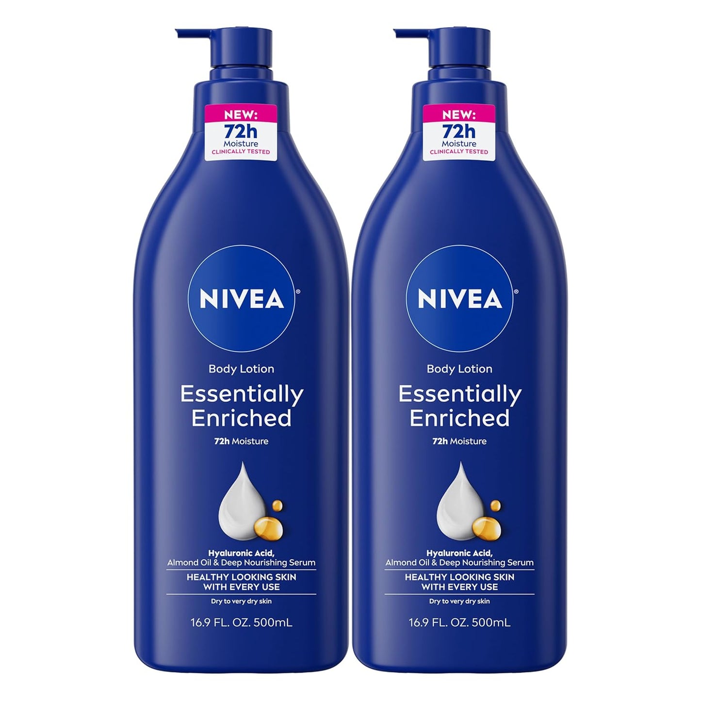 HotNIVEA Essentially Enriched Body Lotion for Very Dry Skin with Hyaluronic Acid, Almond Oil and Deep Nourishing Serum, 72-Hour Body Moisturizer, 16.9 Fl Oz Pump Bottle, Pack of 2