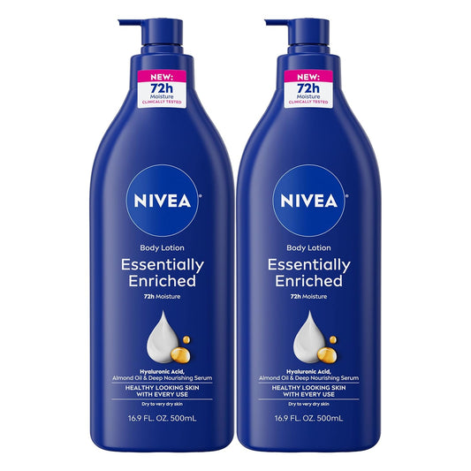 HotNIVEA Essentially Enriched Body Lotion for Very Dry Skin with Hyaluronic Acid, Almond Oil and Deep Nourishing Serum, 72-Hour Body Moisturizer, 16.9 Fl Oz Pump Bottle, Pack of 2