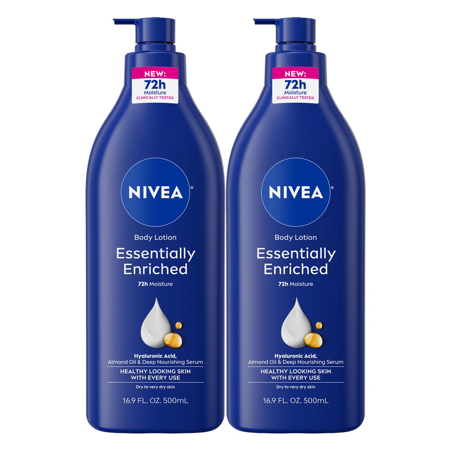 HotNIVEA Essentially Enriched Body Lotion for Very Dry Skin with Hyaluronic Acid, Almond Oil and Deep Nourishing Serum, 72-Hour Body Moisturizer, 16.9 Fl Oz Pump Bottle, Pack of 2