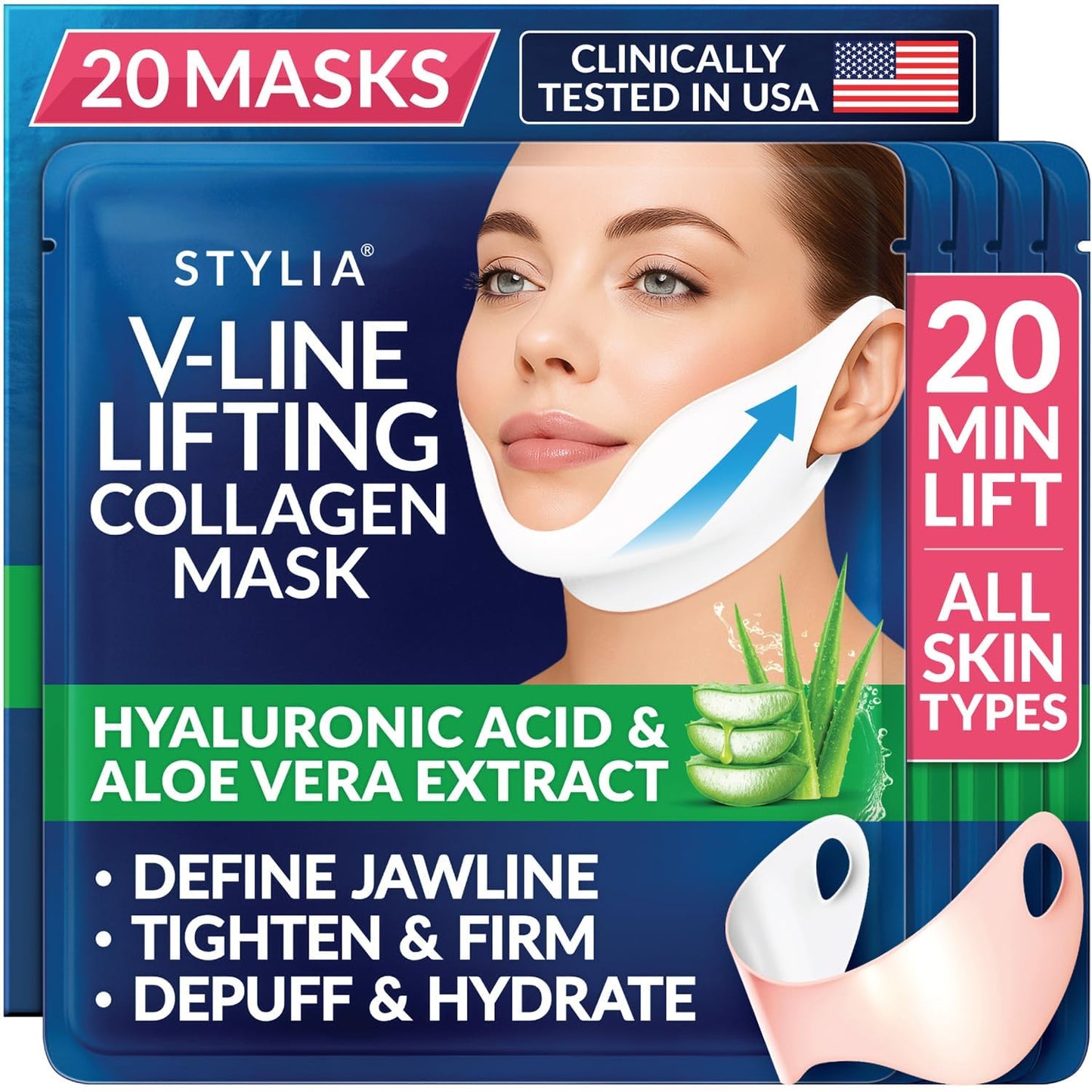HotStylia V Line Lifting Collagen Mask - Lift, Firm & Contour Jawline - Tightening Double Chin Strap with Hyaluronic Acid & Aloe - Neck Tightening and Lifting Mask - Jawline Shaper Face Lift Tape (10PC)