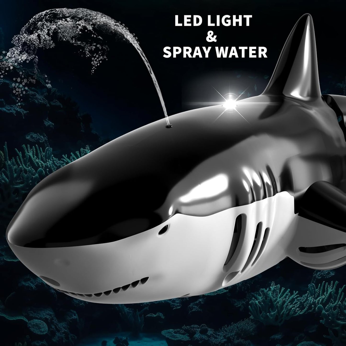 HotBennol 2.4Ghz Remote Control Shark Toys for Boys Kids, 1:18 Scale High Simulation Shark for Pool, Electric RC Sharks Fish Toys with Light & Spray Water Function for 6 7 8 9 Year olds Kid Boys