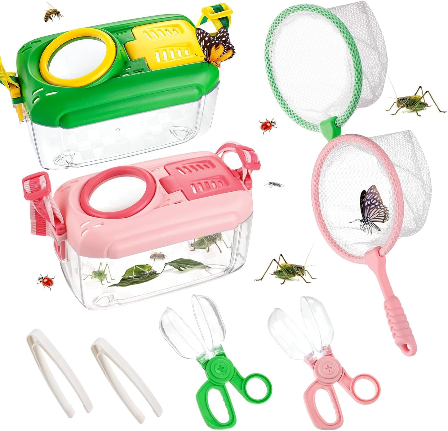 Hot 2Sets Bug Catcher for Kids - Sturdy Kids Bug Catching Kit Gifts with Collector Butterfly Net Tweezer, Bugs Habitat Outdoor Explorer Kit for Age 3 4 5 6 7 8, 8Pcs, Green & Pink