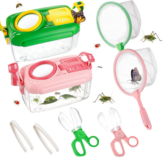 Hot 2Sets Bug Catcher for Kids - Sturdy Kids Bug Catching Kit Gifts with Collector Butterfly Net Tweezer, Bugs Habitat Outdoor Explorer Kit for Age 3 4 5 6 7 8, 8Pcs, Green & Pink