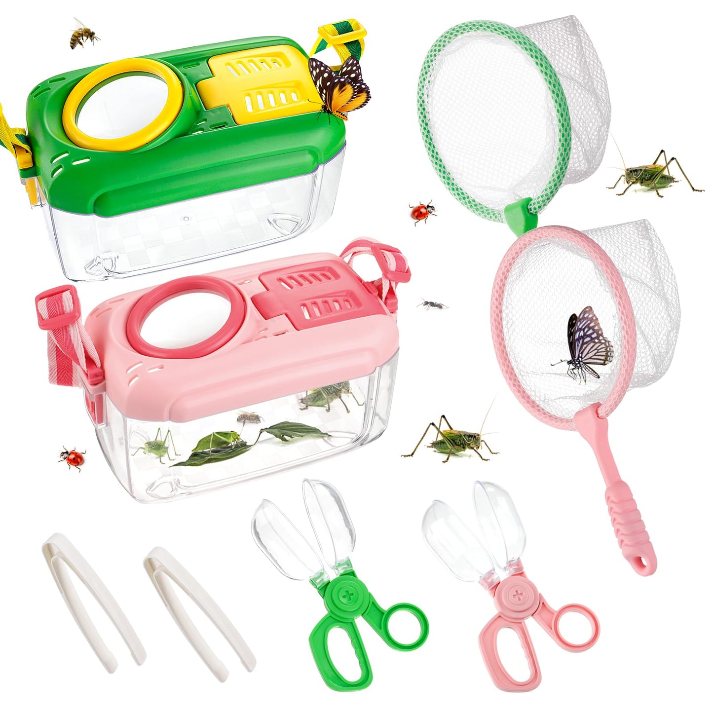 Hot 2Sets Bug Catcher for Kids - Sturdy Kids Bug Catching Kit Gifts with Collector Butterfly Net Tweezer, Bugs Habitat Outdoor Explorer Kit for Age 3 4 5 6 7 8, 8Pcs, Green & Pink