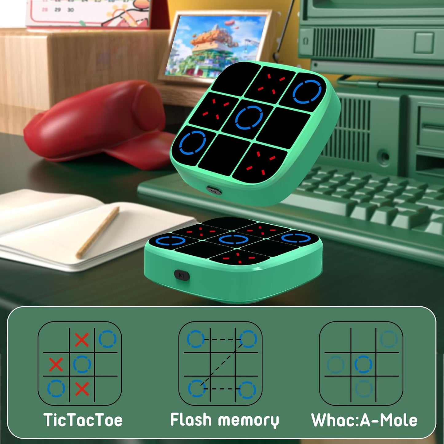 HotTic-Tac-Toe Bolt Game, 4-in-1 Handheld Puzzle Games Console, Electronic Tic-Tac-Toe Game for Educational and Memory Growth, Portable Travel Games for Car Ride, Board Games for Kids and Adults (Cyan)