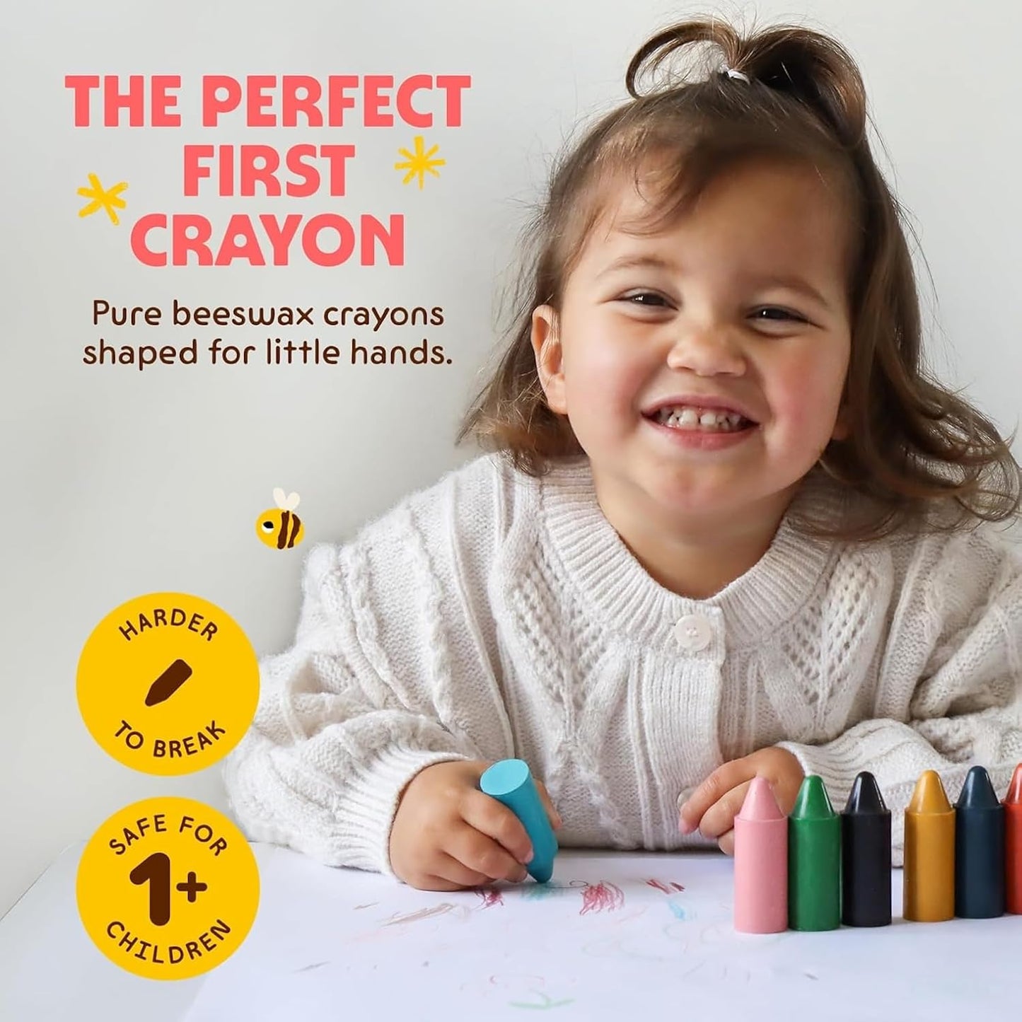 HotHoneysticks 100% Pure Beeswax Crayons (12 Pack) - Non Toxic Crayons for Toddlers 1-3, Safe for Baby from 1 Year Old Plus, Handmade with Natural Beeswax and Food-Grade Colors, Eco Friendly