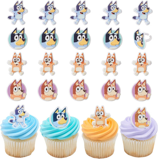 Hot DecoPac Bluey So Much Fun Rings, 24 Cupcake Decorations Featuring Bluey, Bingo, Bandit, and Chilli, 3D Food Safe Cake Toppers – 24 Pack