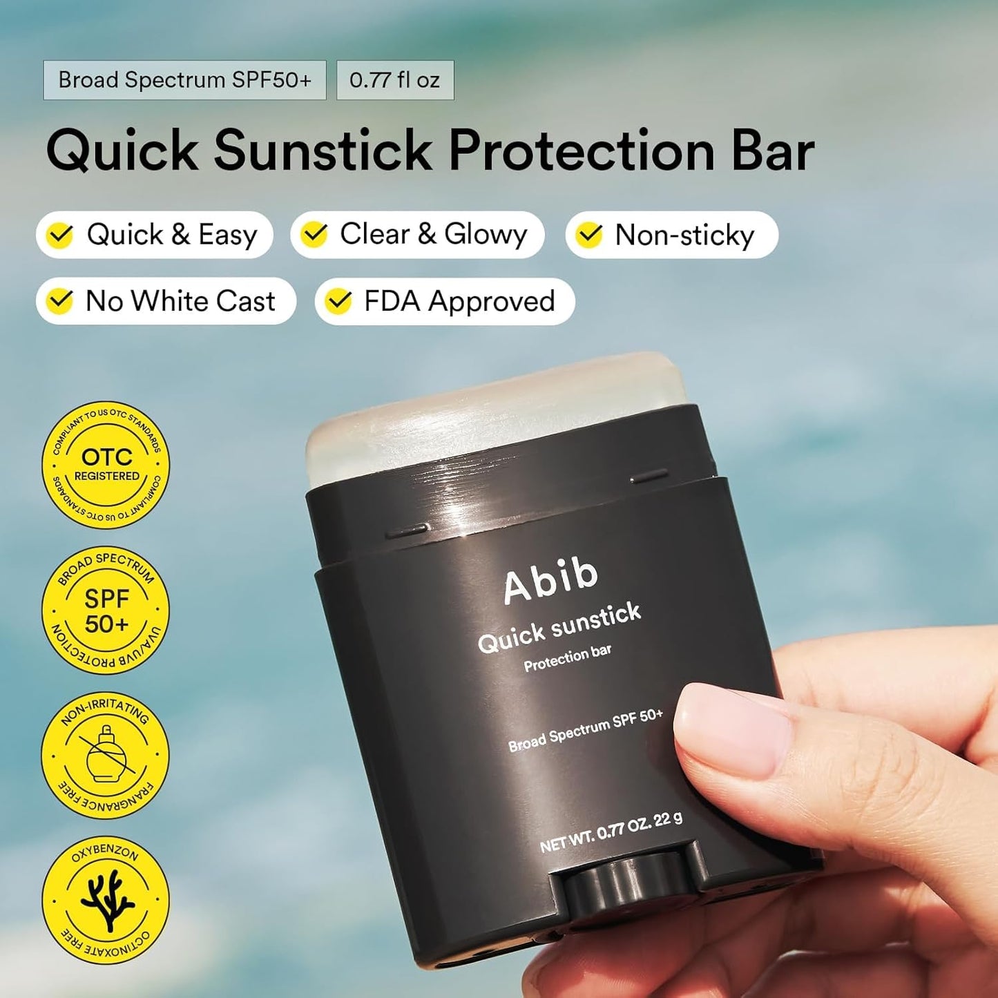 HotAbib Quick Sunstick Protection Bar SPF50+ Broad Spectrum, Glowy Sunscreen Stick for Dry & Sensitive Skin, No White Cast, With Centella & Aloe, Korean Sunscreen, 0.77 oz / 22 g